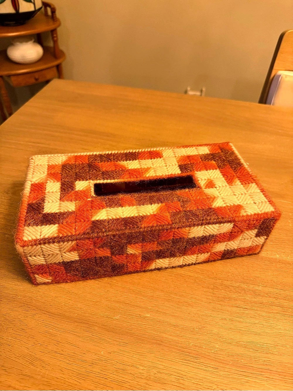 Vintage Handmade Tissue Box Cover Needlepoint Yarn On Plastic Orange 1970s